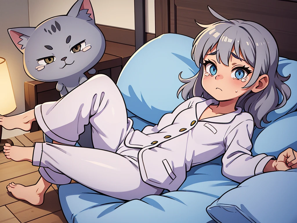 The character is simply drawn of a muller-haired gray cat,Woke up with tears in my eyes, wearing cute pajamas with pillows