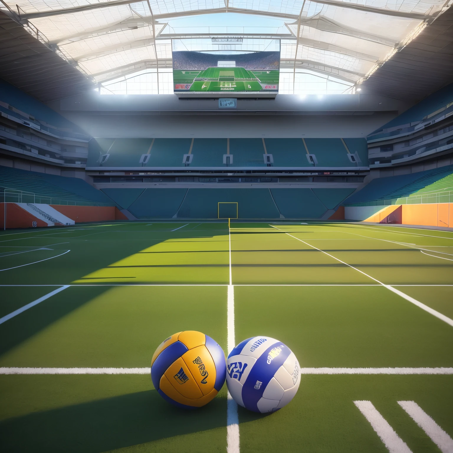 There is a football field there, Everything is carpet and 3D, realistic 3 d style, 3D Scene, 3D scenes, Green flooring, Very detailed scene, Realistic scene, Volleyball court background, rendered in cinema4d, Rendering in Cinema 4D, Realistic establishing shots, 3 d stylize scene, Photorealistic Cinema 4D rendering
