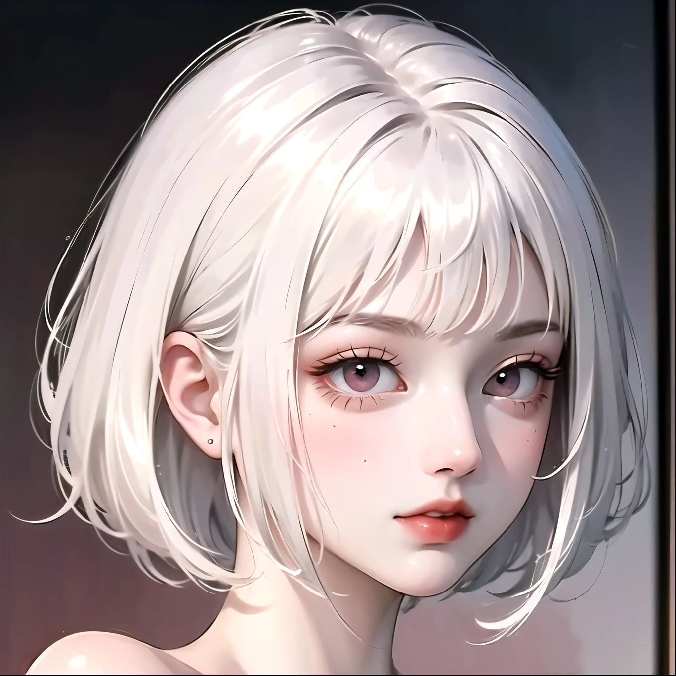 ((best quality)), ((masterpiece)), (detailed), 1girl, white hair. Short hair. Pink eyes. Topless. 