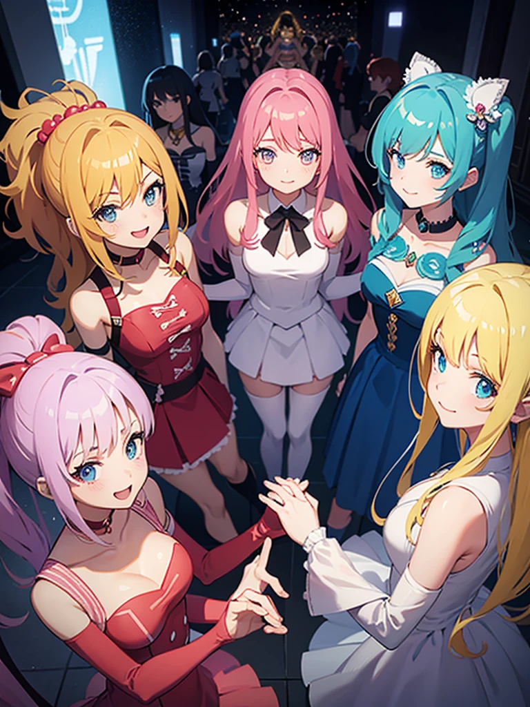Group of 6 teen girls, all in magical girl outfits, all with different hair styles and colors