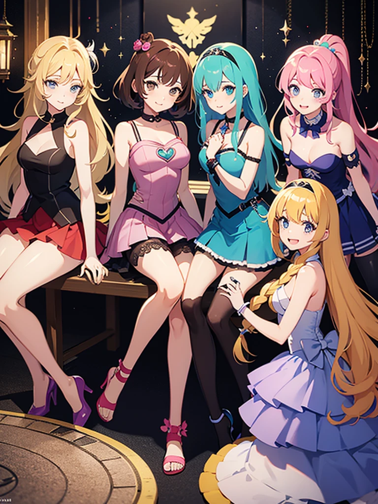 Group of 6  girls, all in magical girl outfits, all with different hair styles and colors