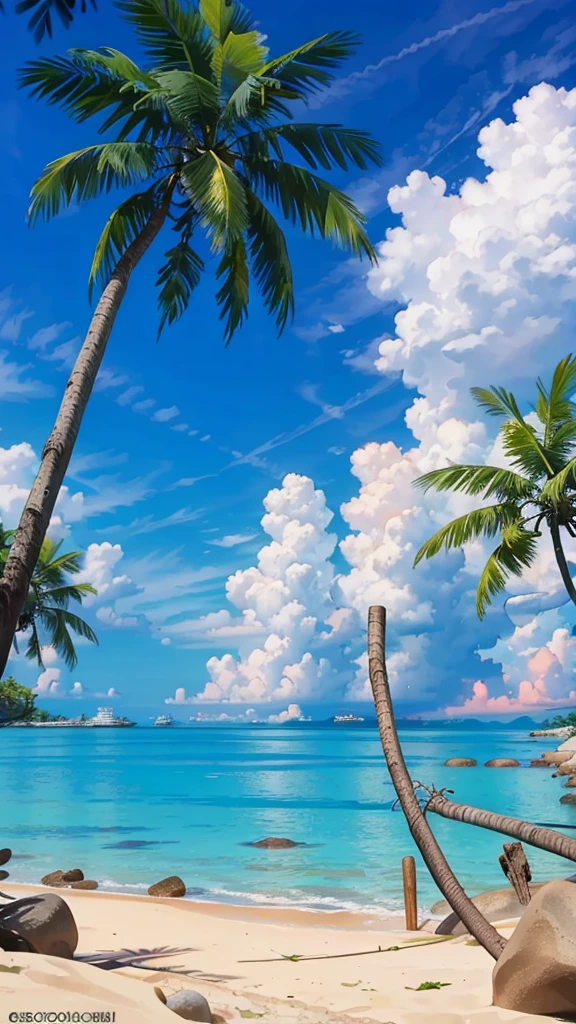 8K, best quality, masterpiece, Ultra-high resolution, (realism: 1.4), original photo, beach，reef，coconut tree，Landscape photos，photography