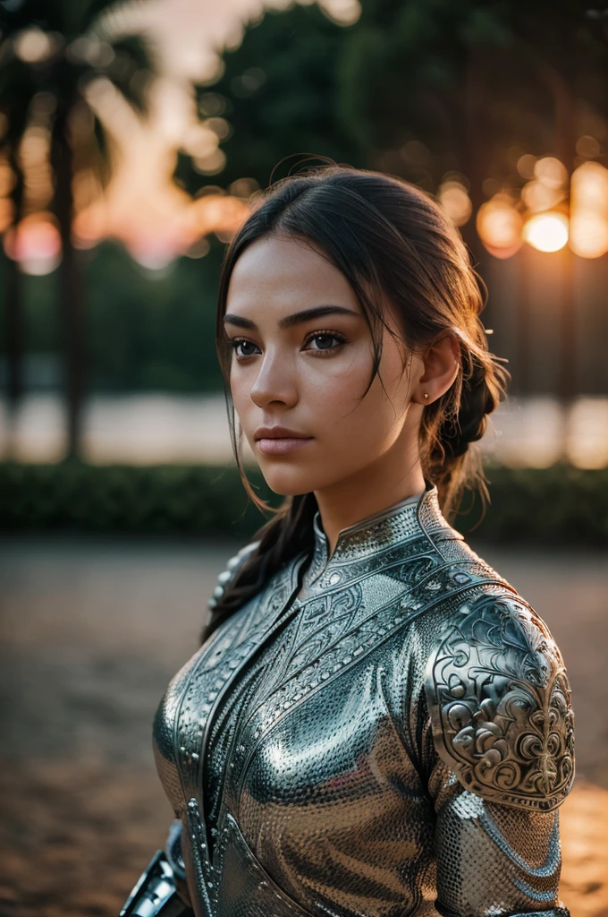 (masterpiece), (extremely intricate:1.3), (realistic), portrait of a girl, the most beautiful in the world, (medieval armor), metal reflections, upper body, outdoors, intense sunlight, far away castle, professional photograph of a stunning woman detailed, sharp focus, dramatic, award winning, cinematic lighting, octane render unreal engine, volumetrics dtx, (film grain, blurry background, blurry foreground, bokeh, depth of field, sunset, motion blur:1.3), chainmail