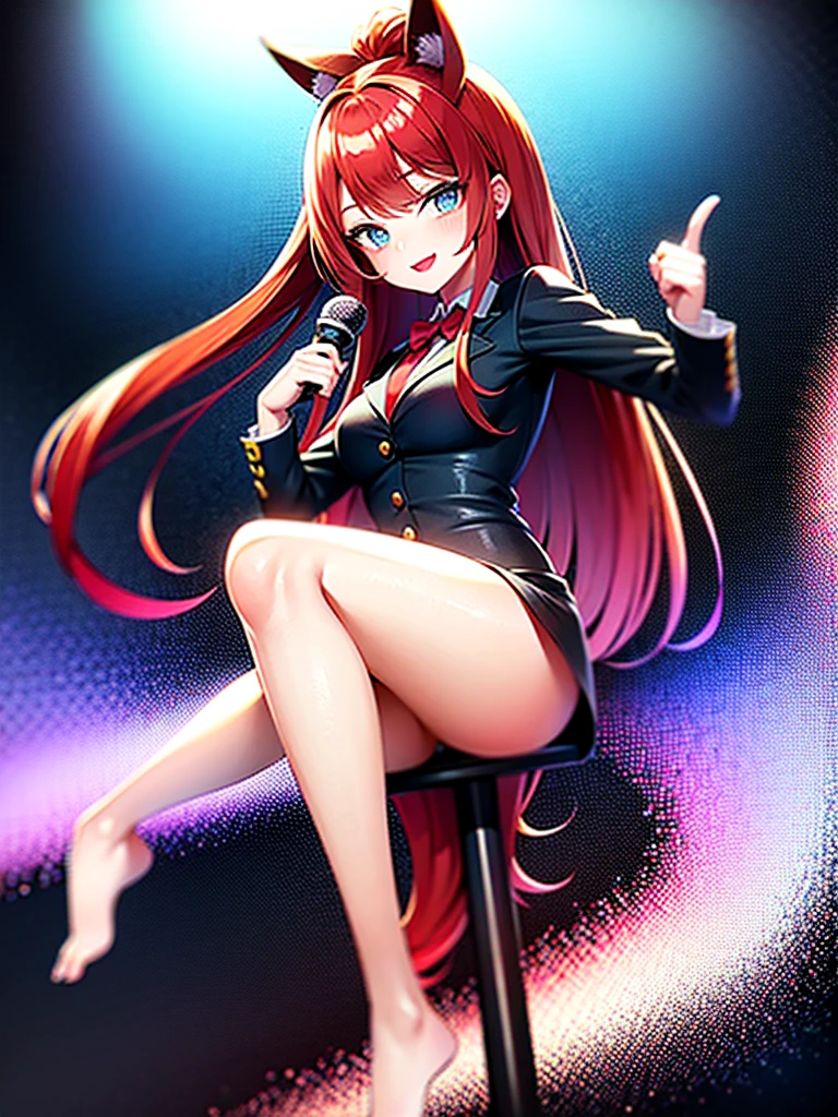 anime girl with long red hair and blue eyes, dressed as a quiz show host. She should wear a professional outfit, hold a microphone, and strike a dynamic pose that exudes confidence and enthusiasm. Use vibrant colors and a distinctive anime drawing style.

