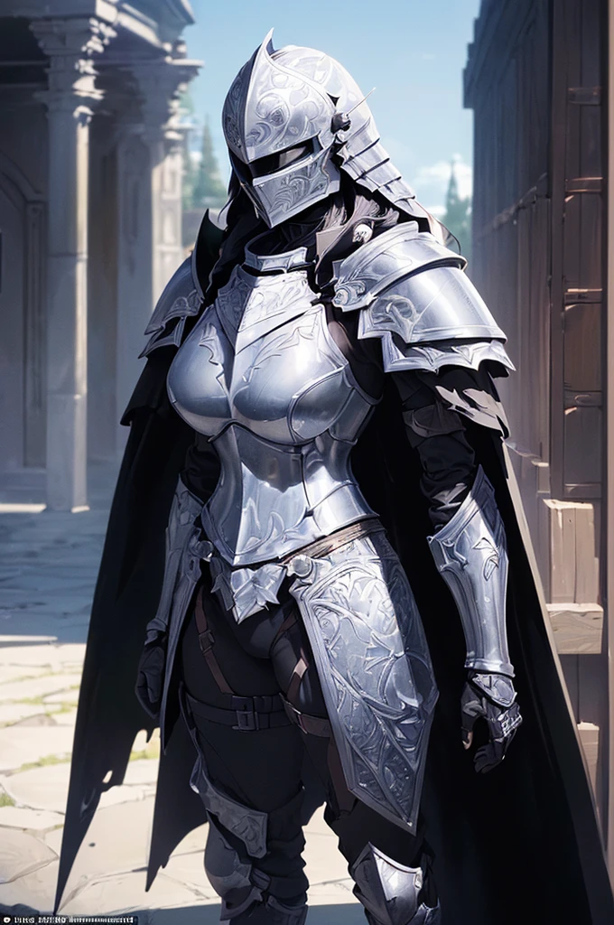 (masterpiece; best quality: 1.2), ((full armored knight woman)), ((solo)), (black eyes: 1.4), (body; toned, strong, femenine: 1.3), (beautiful and clear background: 1.2), ((depth of field)), (equipment: full plate all-black dark-damascus realistic armor + closed helmet with plume + black cape: 1.3), (anime illustration: 1.2), (background composition; garden exterior + furniture: 1.1), (extremely fine and beautiful: 1.1), (shot composition; standing + centered on torso + close-up: 1.5)