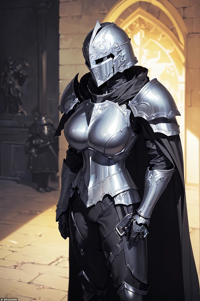 (masterpiece; best quality: 1.2), ((full armored knight woman)), ((solo)), (black eyes: 1.4), (body; toned, strong, femenine: 1.3), (beautiful and clear background: 1.2), ((depth of field)), (equipment: full plate all-black dark-damascus realistic armor + closed helmet with plume + black cape: 1.3), (anime illustration: 1.2), (background composition; garden exterior + furniture: 1.1), (extremely fine and beautiful: 1.1), (shot composition; standing + centered on torso + close-up: 1.5)
