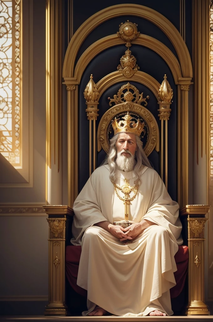 big room in the sky God the Father, 70 years old, with white hair and a golden crown, next to him sits Jesus, 30 years old, brown hair, on a throne, facing each other. Golden crowns on their heads. celestial, divine, 8k realistic, sharp focus, studio shot, intricate details, highly detailed