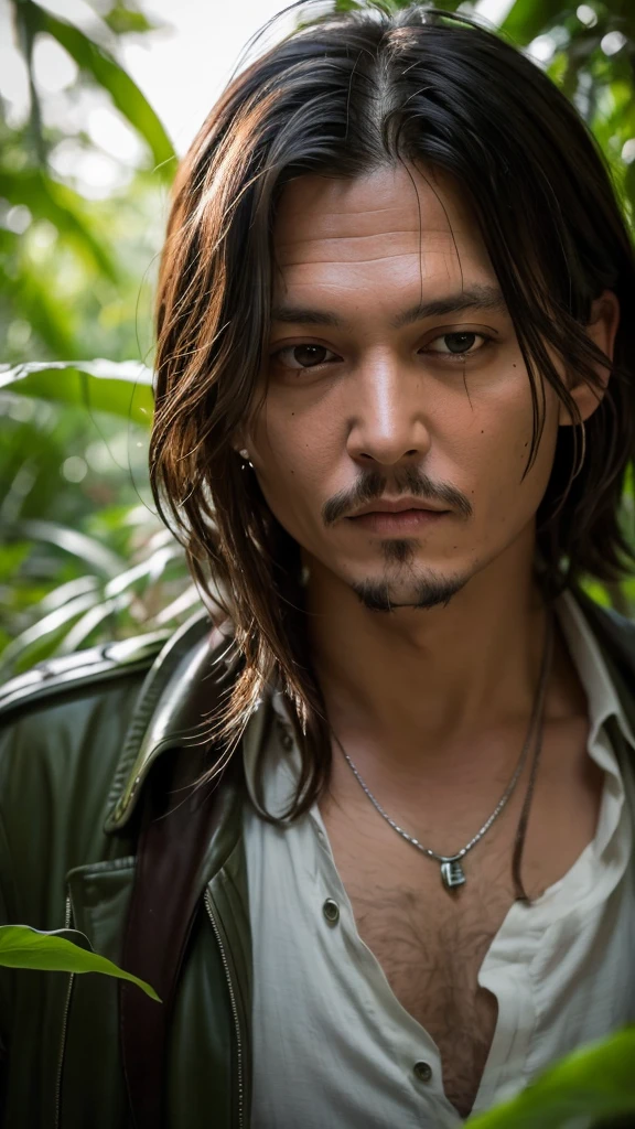masterpiece, Johnny Depp walking through a jungle at night with fireflies dancing, (High detail:1 1), rough face, Natural Skin, high quality, Browsing Caution, Beautiful Eyes, (detailed face and eyes), (face: 1 2), noise, Extra, Actual photo, PSD, Lamp Film Photo, Sharp focus, Contrast lighting, Detailed skin, High resolution 8k, Crazy details, Realistic, Professional photography, 8K Ultra HD, Single-lens reflex camera, Soft lighting, high quality, Film Grain, Fujifilm XT3