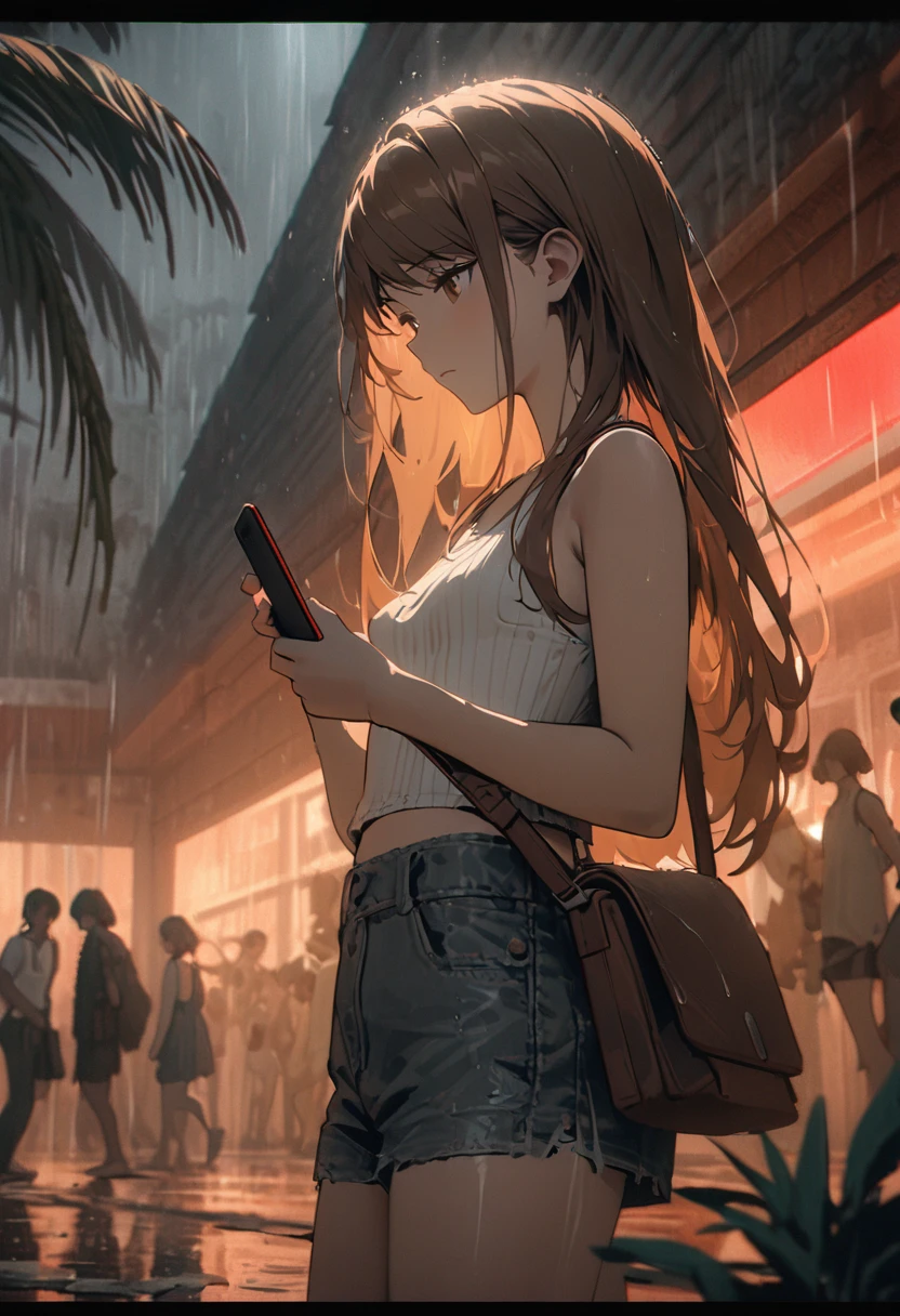 Close up, from side, from below, young woman looking at phone with concern, brown eyes, swept bangs, ((very long brown hair, beautiful face, cinematic light, best quality, masterpiece)), small breasts, thin, ribbed white tank top, jean shorts, satchel, she is walking across a street with puddles, library building, wide steps, people in background, in tropical climate after intense storm, power outage, dense overcast parting to reveal a red-orange sunset, wall of rain and visible on horizon, slate atmosphere, tropical plants, palm tree, Cinematic, faded colors, dark shot, muted colors , grainy film, lute, insane details, intricate details, hyper-detailed, 
 