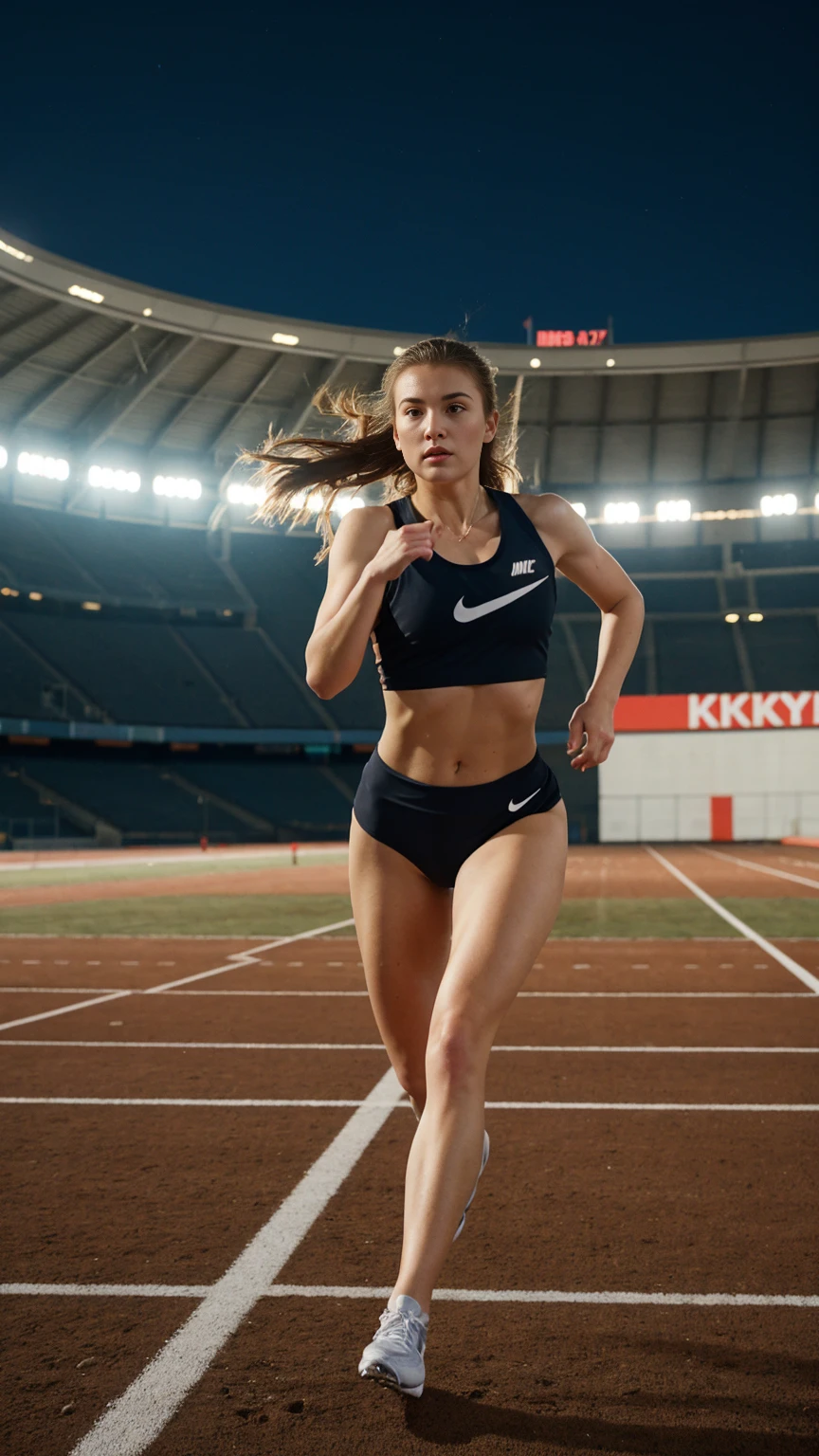 russian, beautiful mature college girl, ((athletic sports:1.2)), athletic sports wear, in stadium, track, ((a running figure)), very fast, motion blur, challenge, outside on track field, photorealistic, cinematic lighting, dark atmosphere, volumetric lighting, action pose, epic scene, nike advertising photography, just do it campaign