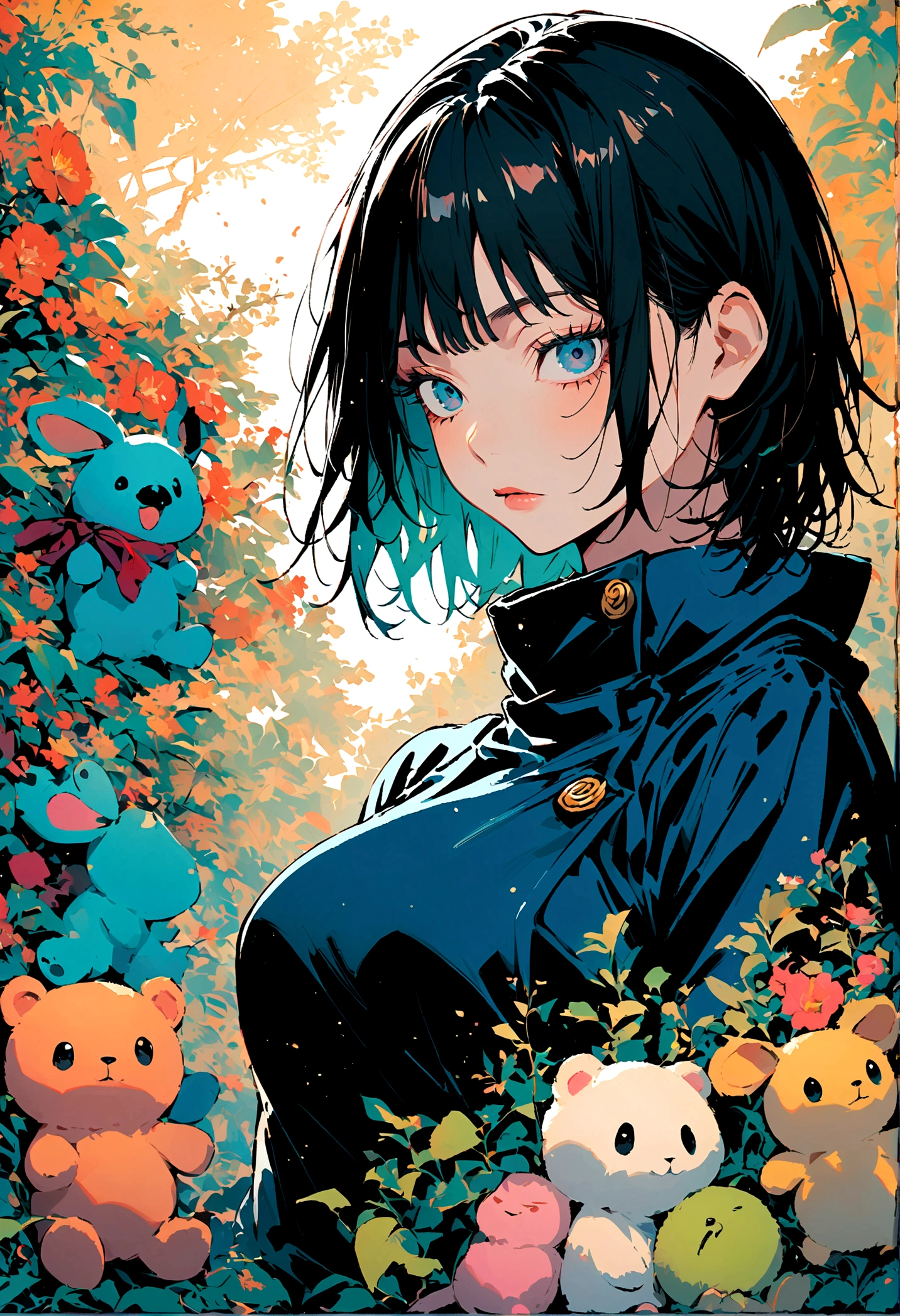 (2 girls,jujutsu kaisen),twins, stuff animals, one has a swordartwork