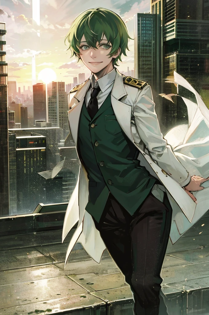 young man, green medium hair, green eyes, smiling, medium hair, wearing a pure white trench coat, wearing black pants, in one city, 4k, detailed, sui ishida art style, detailed eyes, in a sunset city
