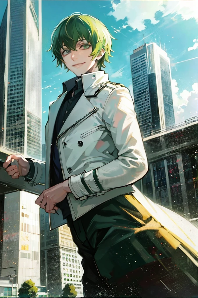 young man, green medium hair, green eyes, smiling, medium hair, wearing a pure white trench coat, wearing black pants, in one city, 4k, detailed, sui ishida art style, detailed eyes, in a sunset city
