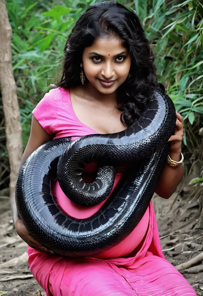 Pregnant Happy Horny, aroused 1girl), beautiful kneeling Indian  young teen girl with  giant colossal black titanboa squeezing her hard, wrapped in thick spiraling coils, constricted, struggle, gasping for air, snake attack, snake peril, moonless night, dim light