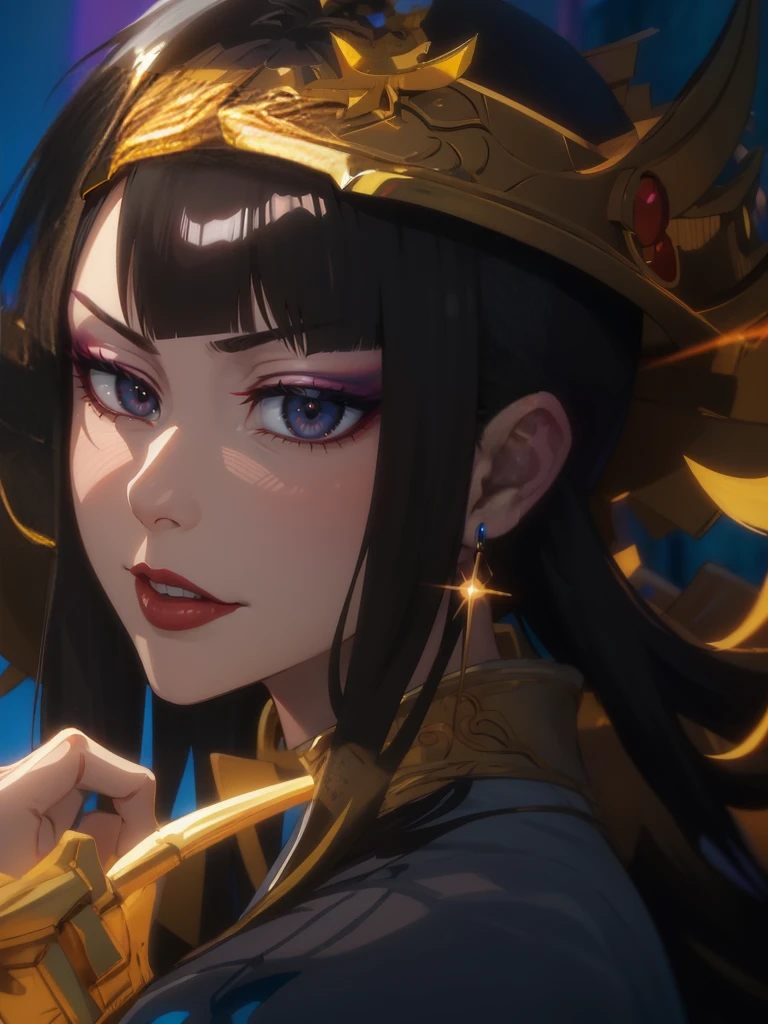 senjumaru shutara, (long hair, bangs, blunt bangs, black hair, sidelocks:1.5), (black eyes:1.5), makeup, lipstick, red lipstick, earrings, jewelry, solo, looking_at_viewer, upper_body, androgynous, letterboxed, simple_background, gold_trim,, chinese_clothes, green_dress, glow effects, godrays, Hand drawn, render, 8k, octane render, cinema 4d, blender, dark, atmospheric 4k ultra detailed, cinematic, Sharp focus, big depth of field, Masterpiece, colors, 3d octane render, 4k, concept art, trending on artstation, hyperrealistic, Vivid colors, extremely detailed CG unity 8k wallpaper, trending on CGSociety, Intricate, High Detail, dramatic, anime coloring, anime screencap,