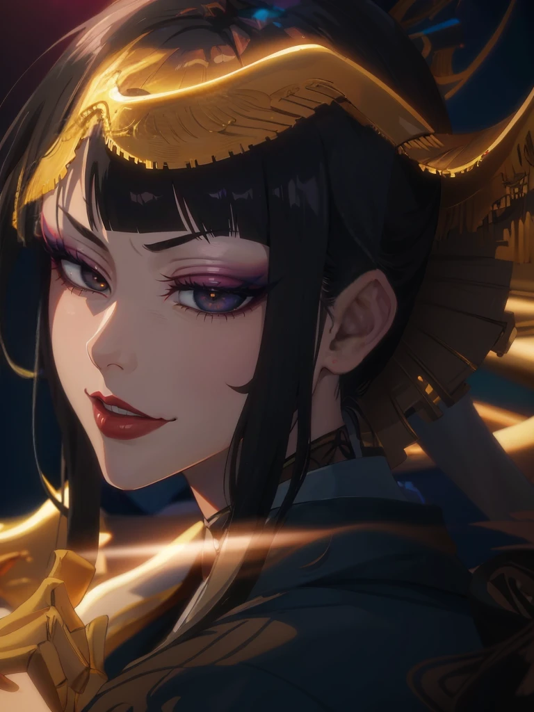 senjumaru shutara, (long hair, bangs, blunt bangs, black hair, sidelocks:1.5), (black eyes:1.5), makeup, lipstick, red lipstick, earrings, jewelry, solo, looking_at_viewer, upper_body, androgynous, letterboxed, simple_background, gold_trim,, chinese_clothes, green_dress, glow effects, godrays, Hand drawn, render, 8k, octane render, cinema 4d, blender, dark, atmospheric 4k ultra detailed, cinematic, Sharp focus, big depth of field, Masterpiece, colors, 3d octane render, 4k, concept art, trending on artstation, hyperrealistic, Vivid colors, extremely detailed CG unity 8k wallpaper, trending on CGSociety, Intricate, High Detail, dramatic, anime coloring, anime screencap,