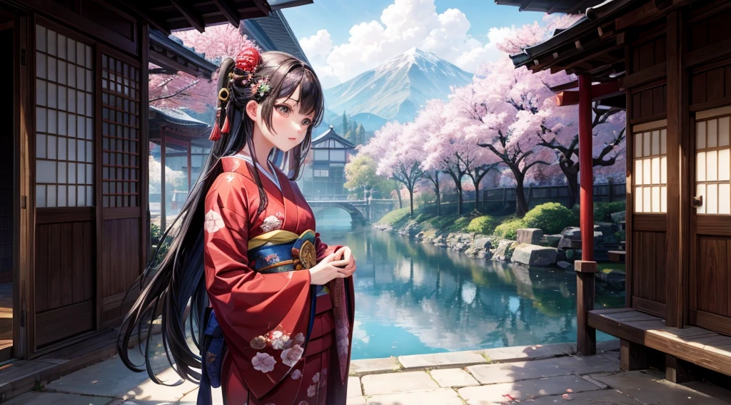 One girl, Long black hair, Brown Eyes, Wearing a beautiful Japanese kimono, Cherry tree, Traditional buildings, High resolution, Super sharp, 8K, masterpiece, View your viewers