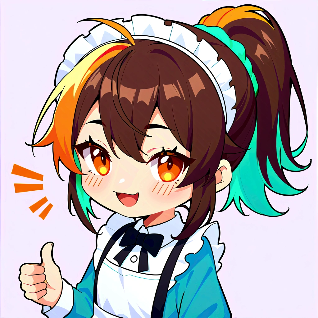 score_9, score_8_up, score_7_up, score_6_up, masterpiece, best quality, (chibi style, chibi emote), focus face, centered, 1girl, (multicolored hair, ponytail hairstyle), orange eyes, thumbs up, smile, fair skin, cyan and white maid dress, white background, simple background