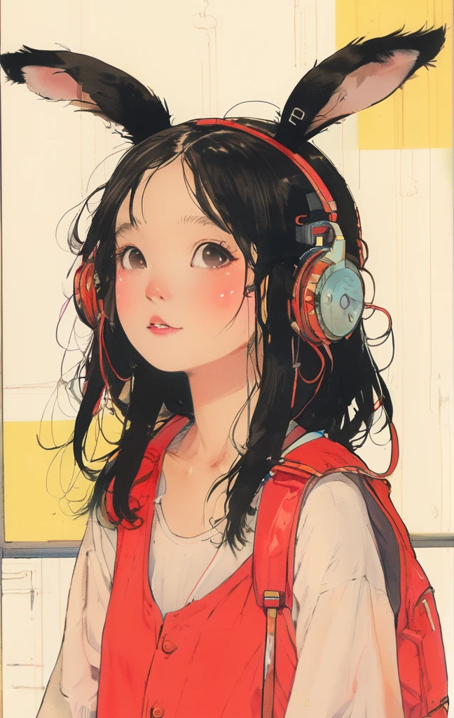 On a bright red campus"YES"Character、beautiful illustration, best quality, cute girl, bedroom, pastel color, fluffy bunny ears, , silver long hair, rabbit stuffed toy, bright lighting, light pink eyes、alone, One girl, profile,Black Bob, profile, The background color is solid yellow,An illustration