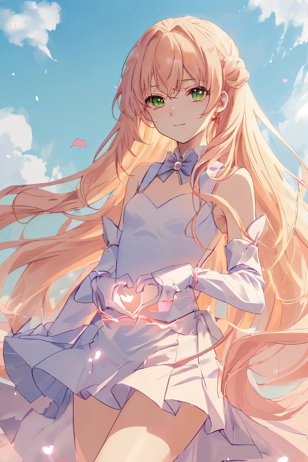 1_girl, (anime, kawai:2), (masterpeice, best_quality, clean:1.5), (sky_background:1.2), (cute, cute_smile, young:1.5), (delicate, extremely_delicate, beautiful, thin:1.5), (girlfriend, angel:1.8), (green_eyes, simple_eyes:1.8) (long_hair, blond_hair, wearing_pink_dress, pink_angel_wings, sexy_gloves:1.5), extremely_delicate, (love_magic:1.5), (age_size_fits_body), (small_thighs:1.3), (breasts), (eye_level:1.3), (heart_magic, love:1.5), (folded_legs:1.5), (combat:1.5)