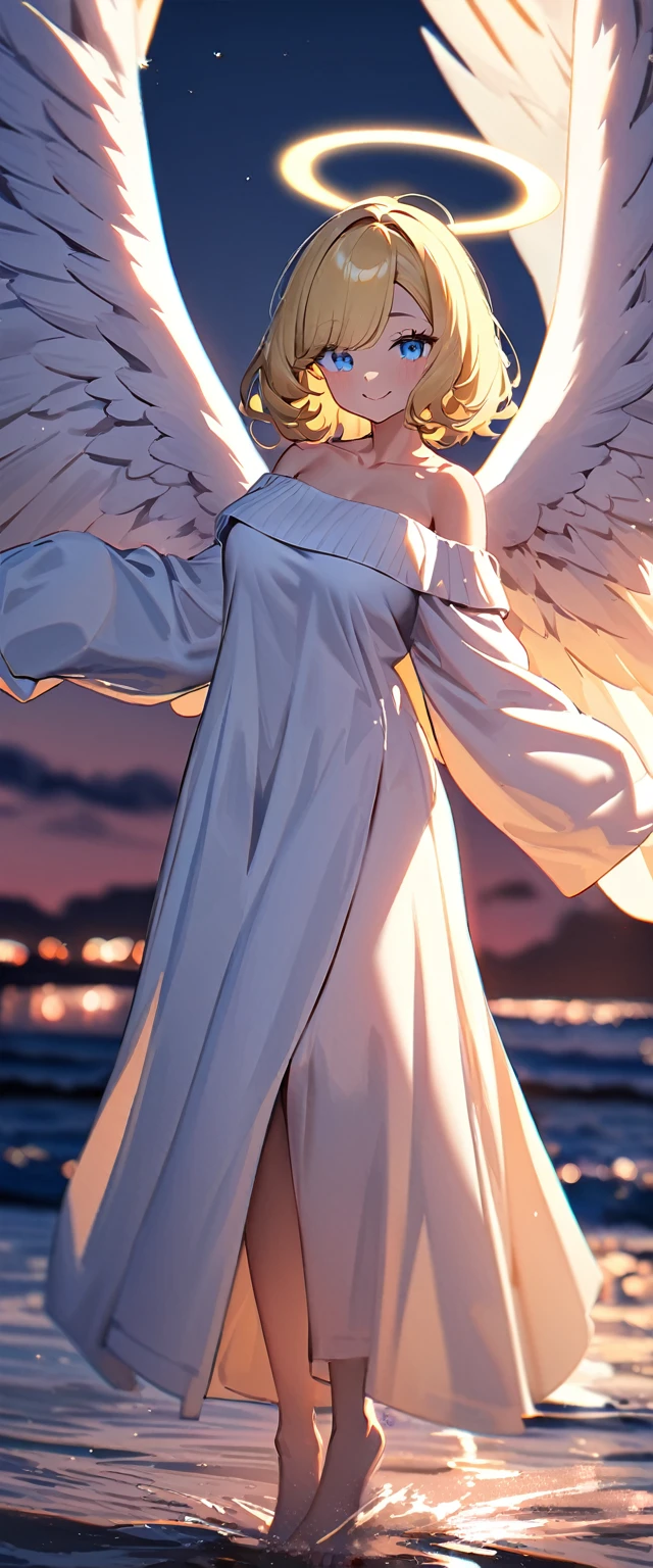 (((One girl))), full body, ((angel, big big white wings:1.2, halo:1.3)), Uriel, ((wavy hair, outward curled hair)), evening, Sunset, sea, beach, ((blond hair, bob cut:1.3)), big breasts, teenager, (looking at viewer), oversized clothes, puffy long sleeves, collarbone, ((off-shoulder sweater dress:1.3, Quite thick shoulder straps)), (((sleeves past wrists:1.3))), ((white sweater)), collarbone, head tilt:1.3, (((blue eye))), ((happy smile)), (((anime style))), (best quality, 4K, 8K, highres, masterpiece:1.2, ultra-detailed, ultra-detailed eyes, HDR, uhd, studio lighting, ultra-fine painting, sharp focus, physically-based rendering, extreme detail description, professional, vivid colors, bokeh), ((Highest quality, Best image quality, Ultra-high resolution, Ultra-high resolution, solo, Strong eye highlights)), Depth of written boundary, Natural soft light, attractive, Beautiful Face, Cleanliness, Pure Face, medium chest, Beautiful Face, Perfect Fingers, Perfect hands, Perfect body, Perfect Face, Shine a light into your eyes, Perfect Anatomy