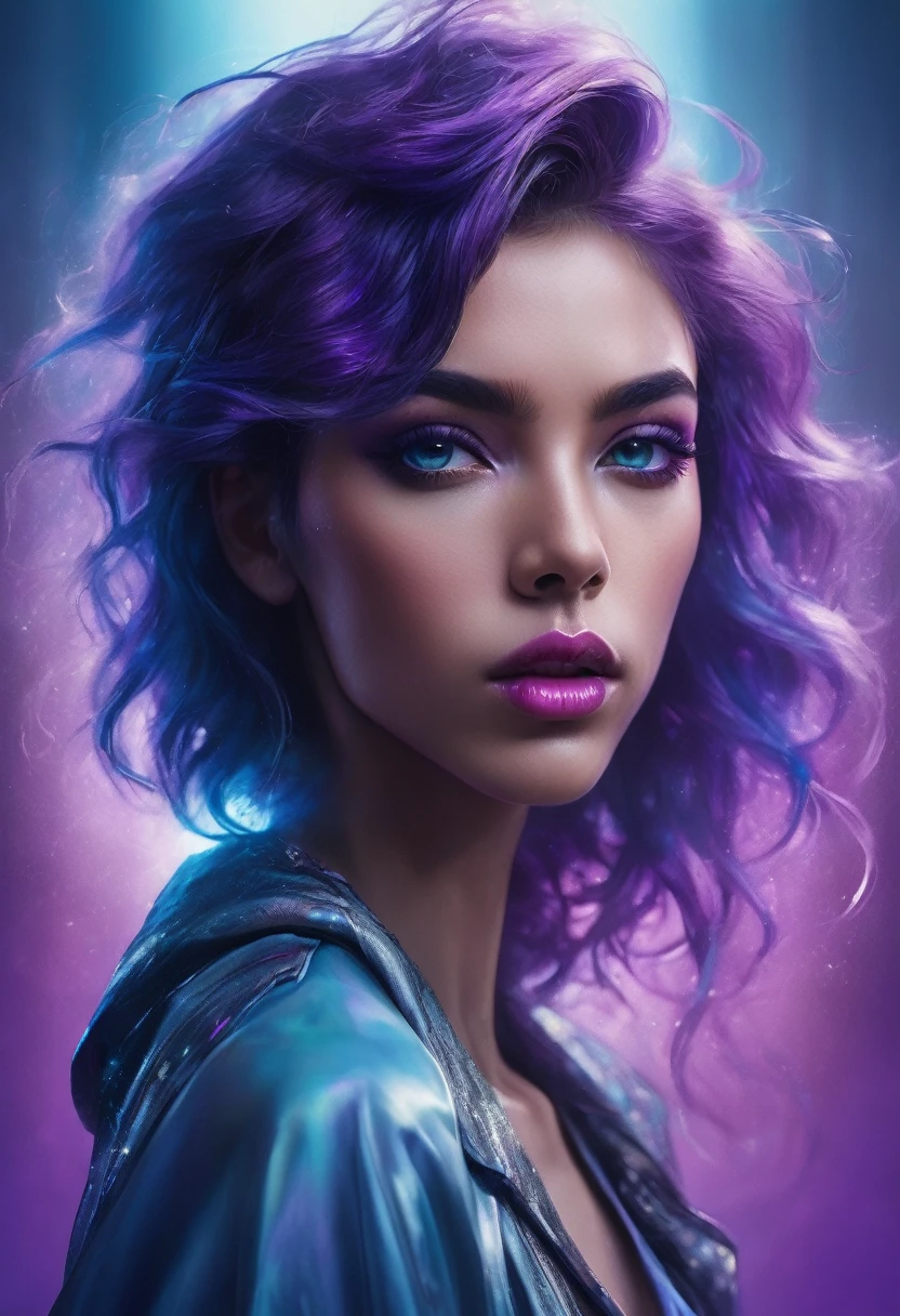 a beautiful androgynous person with tongue out, detailed face, ethereal blue and purple tones, dramatic lighting, cinematic composition, masterpiece, hyper realistic, 8k, photorealistic, extremely detailed, high quality, digital painting