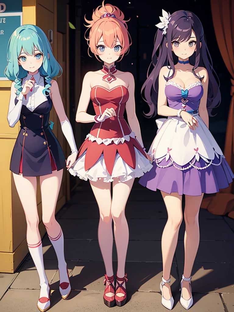 Group of 6 teen girls, all in magical girl outfits, all with different hair styles and colors