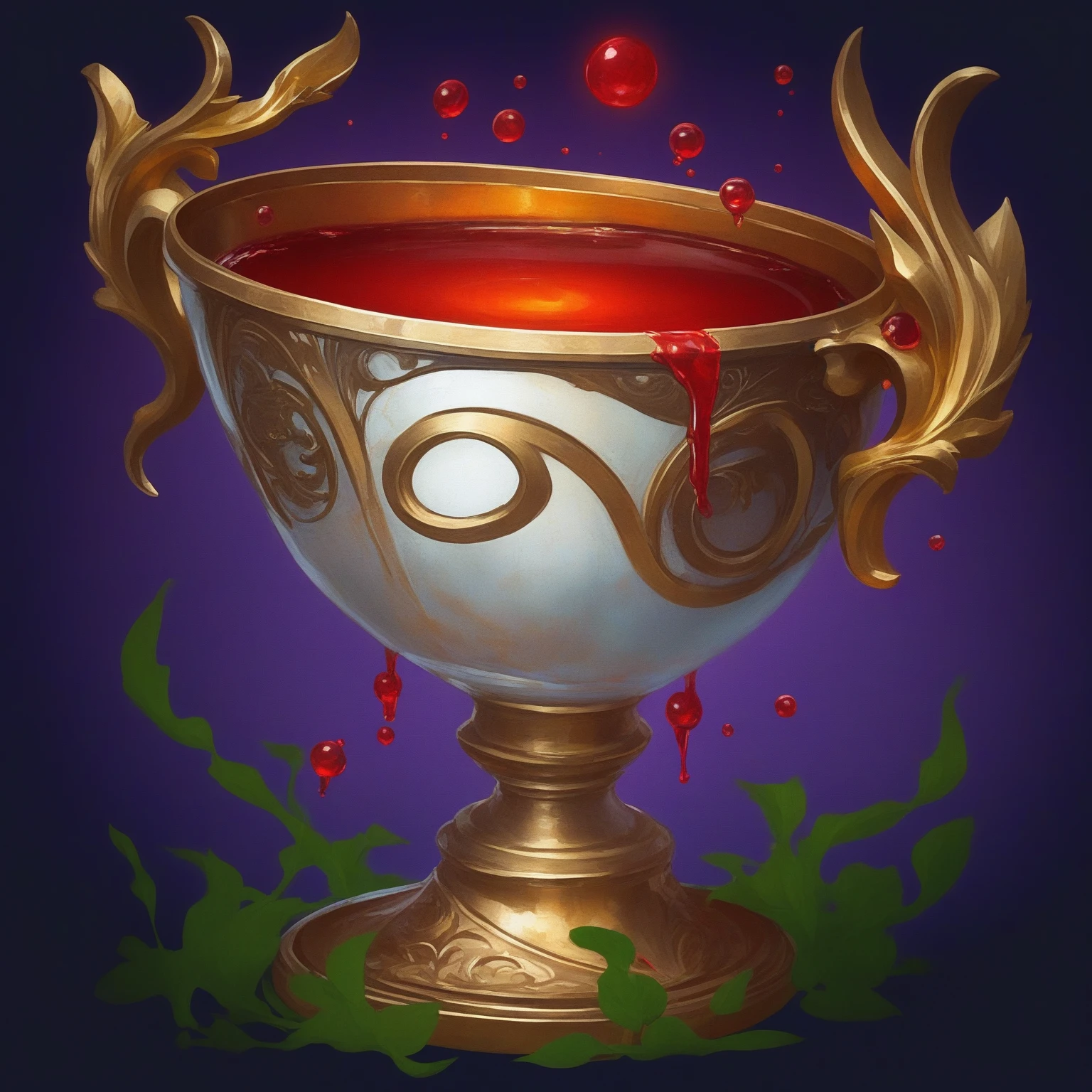 There is a gold cup，There is red liquid in it Astrid Lohne, overturned chalice, A bottle of health potion