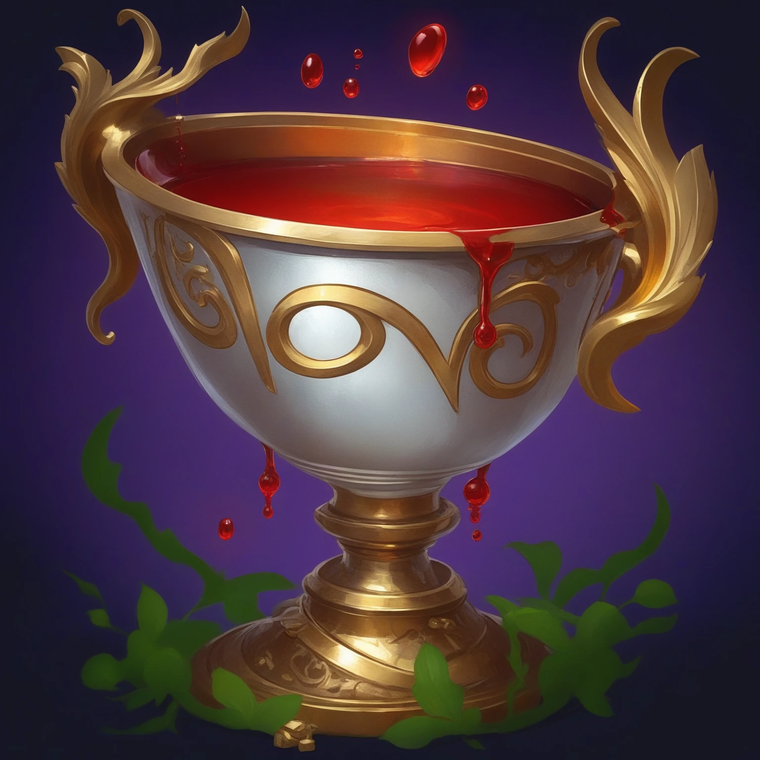 There is a gold cup,There is red liquid in it Astrid Lohne, overturned chalice, A bottle of health potion