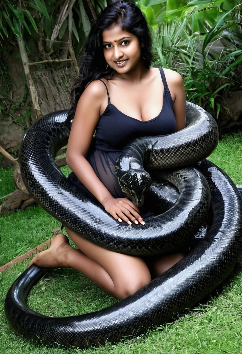 Pregnant Happy Horny, aroused 1girl), beautiful kneeling Indian young teen girl with giant colossal black titanboa squeezing her hard, wrapped in thick spiraling coils, constricted, struggle, gasping for air, snake attack, snake peril, moonless night, dim light