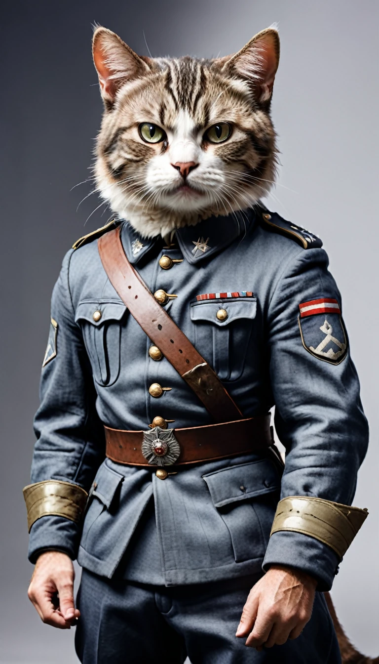 Professional photo of a cute cat in human form wearing combat uniform from World War I, His face was filled with anger, He's in the trenches, Surrounded by soldiers, dust, smokes, FOG, explode. Photorealism, Photorealismistic, high quality
