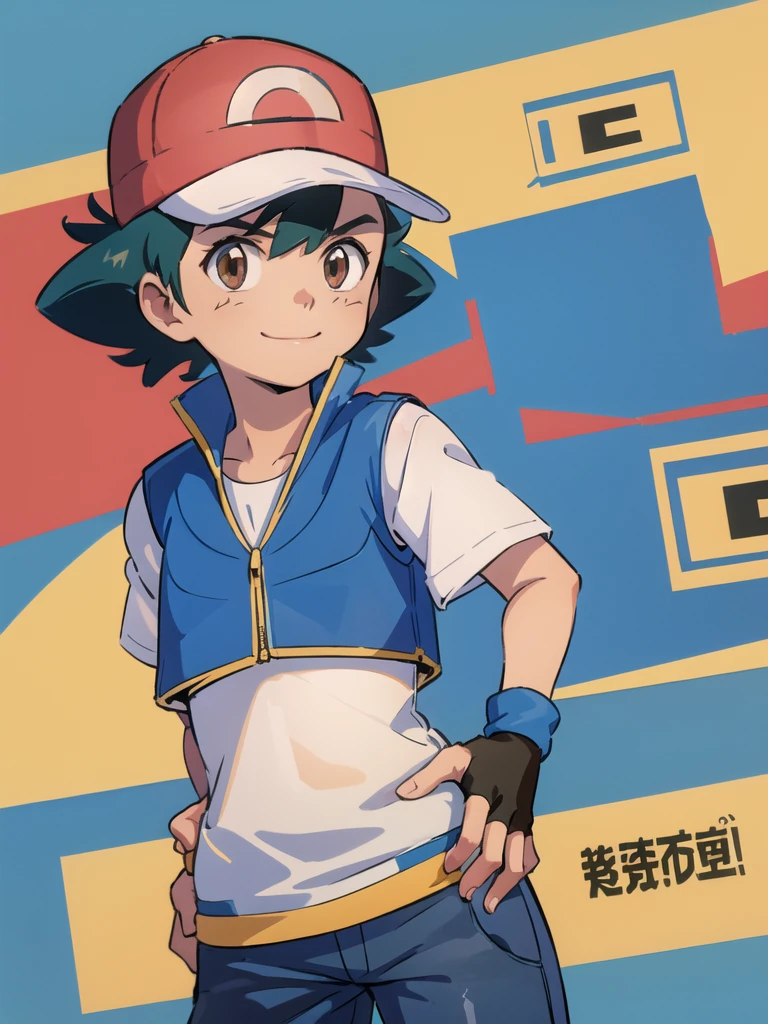 (masterpiece, best quality:1.2), cowboy shot, solo, 1girl, pokemonketchum, smile, looking at viewer, hand on hip, baseball cap, blue jacket, sleeveless jacket, shirt, short sleeves, pants, fingerless gloves