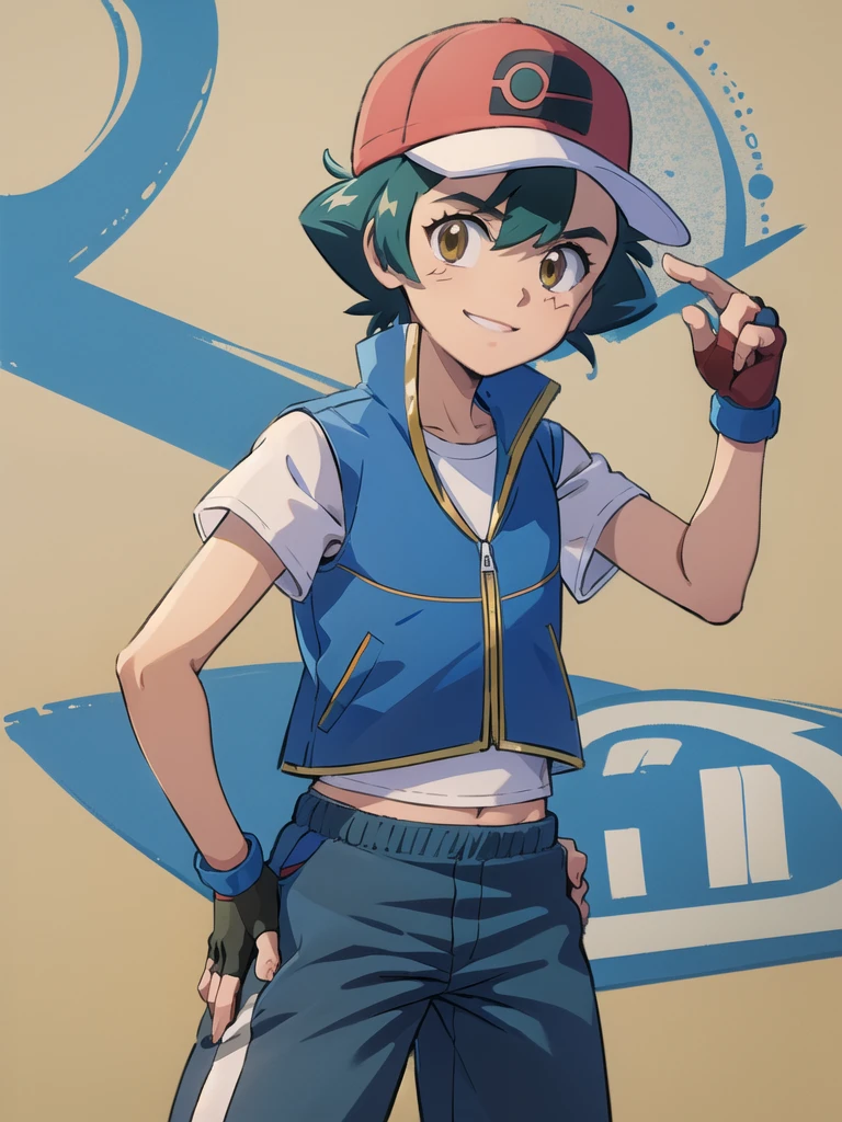 (masterpiece, best quality:1.2), cowboy shot, solo, 1girl, pokemonketchum, smile, looking at viewer, hand on hip, baseball cap, blue jacket, sleeveless jacket, shirt, short sleeves, pants, fingerless gloves