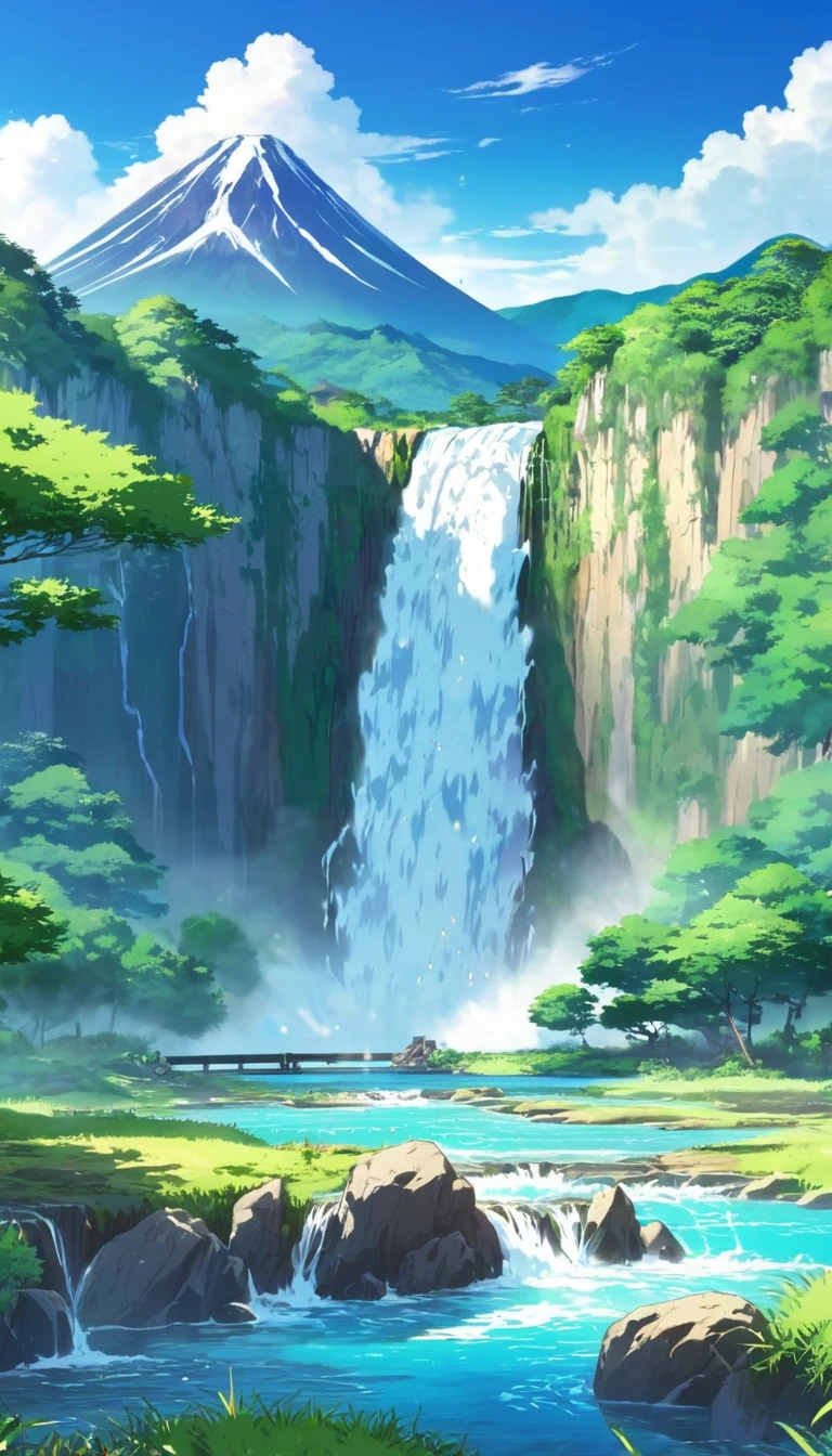 anime of a waterfall and a mountain with a waterfall in the foreground, anime landscape, anime landscape wallpaper, anime nature, anime beautiful peace scene, beautiful anime scenery, anime nature wallpap, anime scenery, anime art wallpaper 4k, anime countryside landscape, anime art wallpaper 4 k, scenery artwork, scenery wallpaper, japanese art style, anime background, beautiful anime scene. sharp and clear 16k