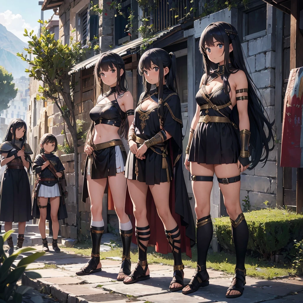 a beautiful Greek warriors girls standing guard at a door, Greek warrior, girls ,tanned skin, tail cover , muscular woman, marked abdomen, ,brown skin, ancient Greece, classical Greece, black armor ,slim body, defined abdomen , warrior woman, l ight armor, black hair,