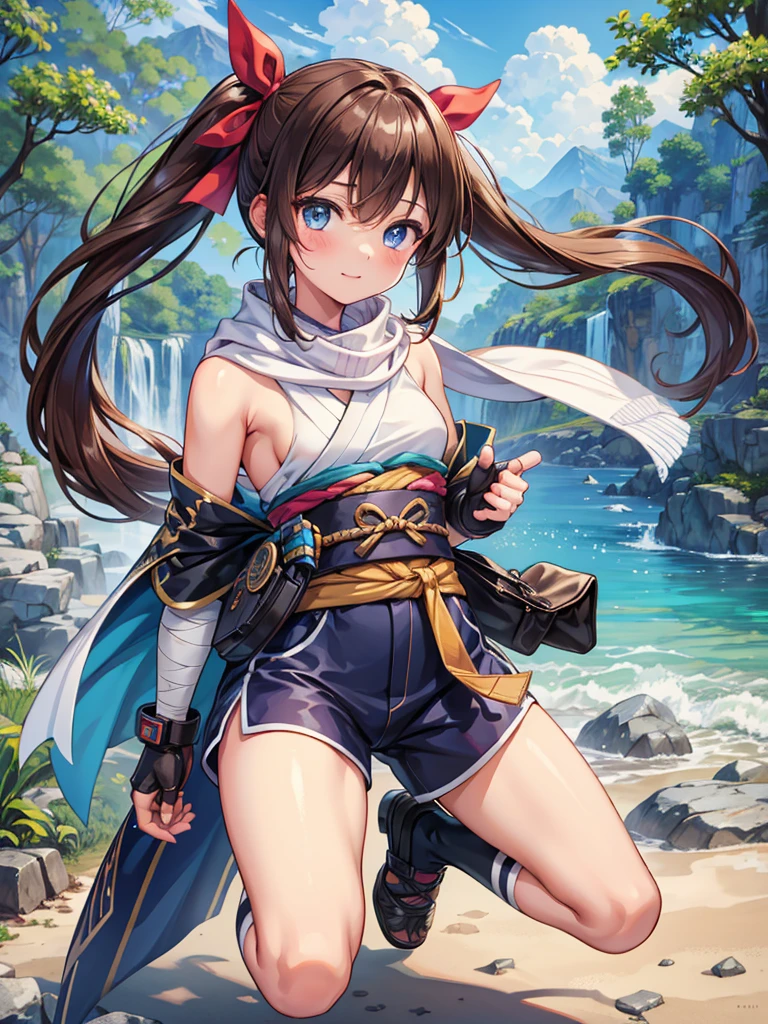 (Very Details: 1.1), (Very Details: 1.1), (Highest Quality: 1.1), (Masterpiece: 1.1), 1 girl, 1 girl, Ram Neptuine, Lambgo, Blue eyes, Brown hair, Ribbon, Ponytails, ninjas, kimonos, bandages, sarashi, hair ribbons, motorcycle shorts, elbow bags, ankle wraps, fingerless gloves, toe-free shoes, scarves, outdoors, whole body, whole body, Dynamic pose