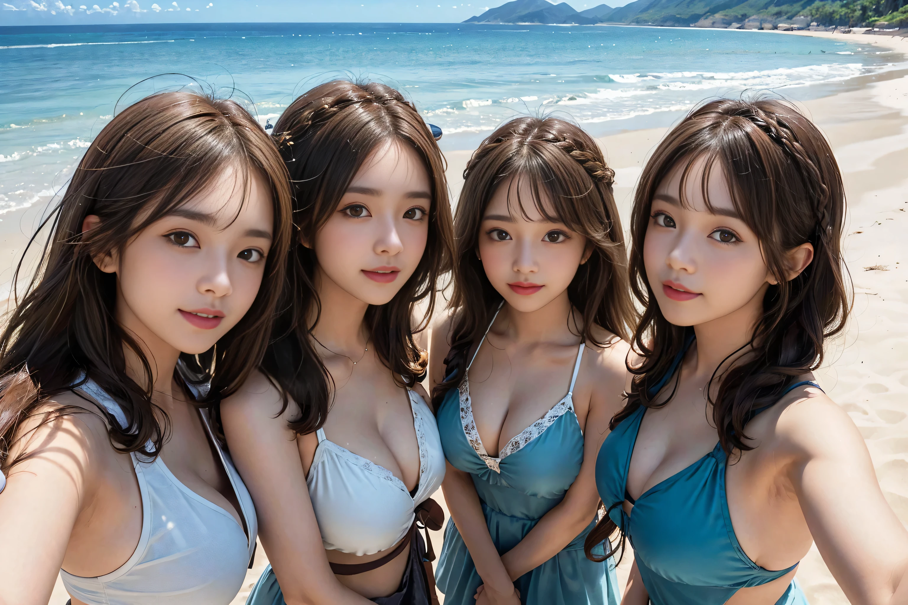 (From below:1.4)、(Three Girls:1.4)、Light brown fringe hair、Braided hair、Disheveled Hair、Light brown eyes、(Laughter)、(Big Tits:1.5)、(Highlight the valley:1.3)、Beach、Photorealistic、(Shadow:1.1)、(Intricate details:1.2)、(Tabletop、:1.3)、(Highest quality:1.4)、(Ultra-high resolution:1.2)、Ultra-high resolution、(Detailed eyes)、(Detailed facial features)、(Colorful Bikinis:1.2), (Selfie:1.3)、Girls standing side by side