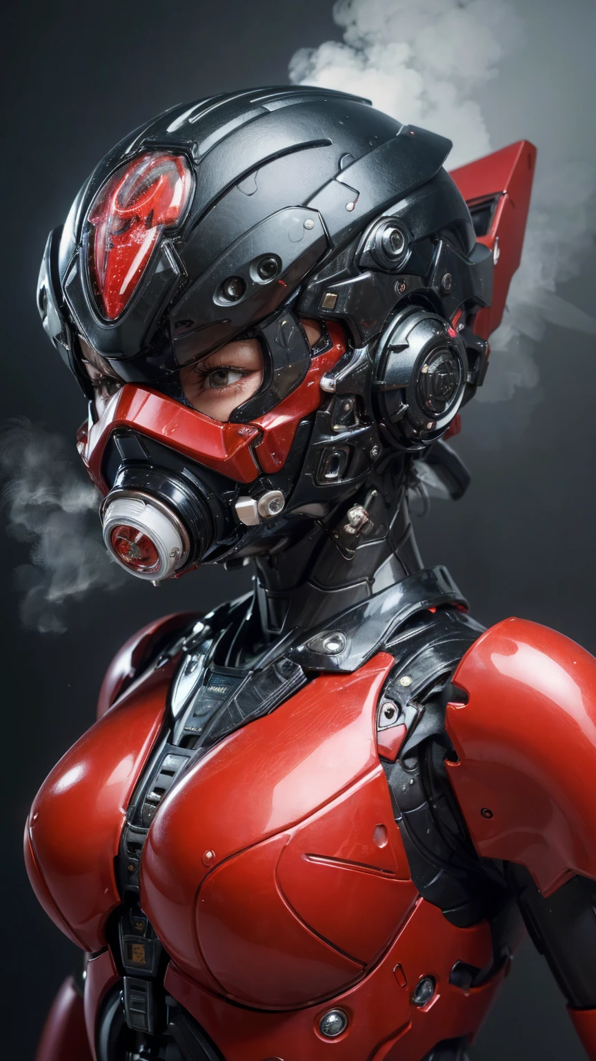Highest quality 8k Red Robot Suit Girl Japanese middle-aged women Sweaty face cute short hair boyish Steam coming out of my head My hair is wet with sweat The feel of black hair Full body portrait My upper body is soaked Airtight headgear I can see the vagina Lying in bed Futuristic gas mask Steam coming out of the body