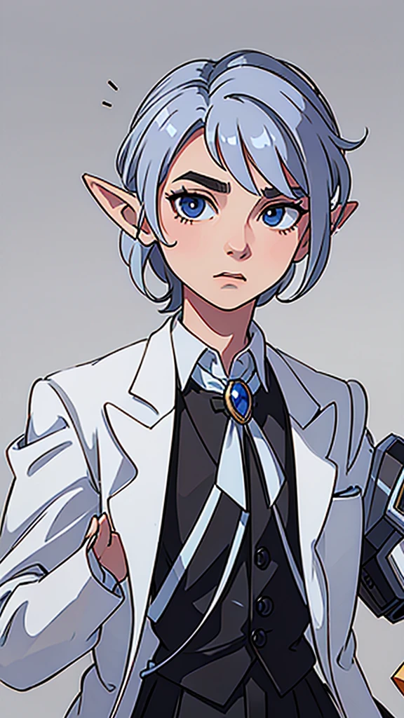 Robotic-looking neck. formal clothes. fully body. True to the pose of my drawing. He has elf ears