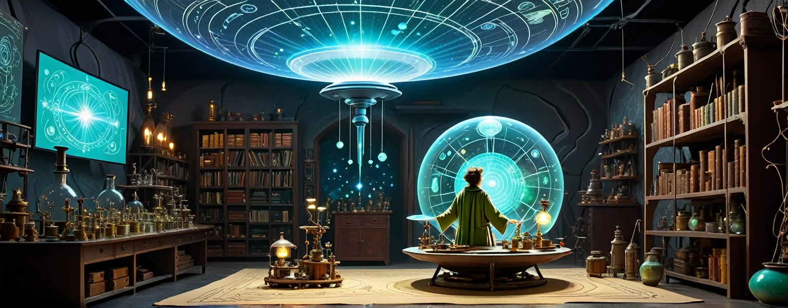 "Depict a fantastic laboratory where scientific instruments coexist with fantastik artifacts. In the foreground, a maker-wizard creating a holographic projection of an NFT . Around him, miniature drones resembling fairies are flying. In the background, a large ufo is printing a magical staff. The walls are adorned with glowing runes and screens displaying code.