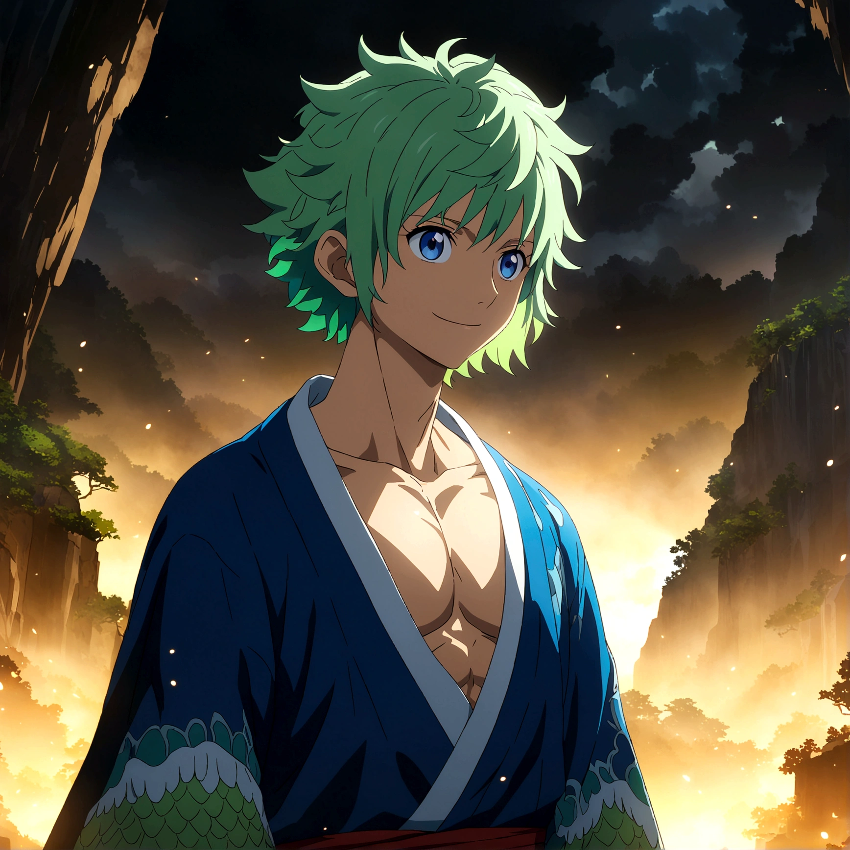 Half-fish human, male, muscular and lean body, green scales, green hair mixed with blue, blue eyes, classic Chinese style blue robe, confident smile, clear seabed scenery, "Anime features inspired by One Piece, drenched in dramatic and amazing lighting, dramatic lighting, infused with creative details, ultra-fine 2D design, scenery bathed in creativity, bathed in creativity, boasting HD anime resolution clarity, HD anime graphics, high-octane rendering"