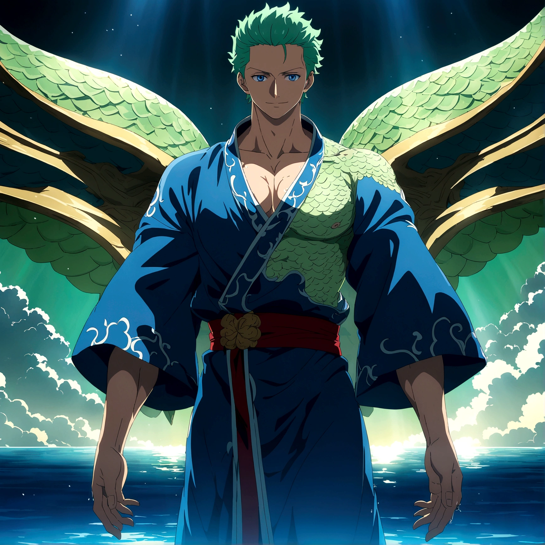 Half-fish human, male, muscular and lean body, green scales, green hair mixed with blue, blue eyes, classic Chinese style blue robe, confident smile, clear seabed scenery, "Anime features inspired by One Piece, drenched in dramatic and amazing lighting, dramatic lighting, infused with creative details, ultra-fine 2D design, scenery bathed in creativity, bathed in creativity, boasting HD anime resolution clarity, HD anime graphics, high-octane rendering"