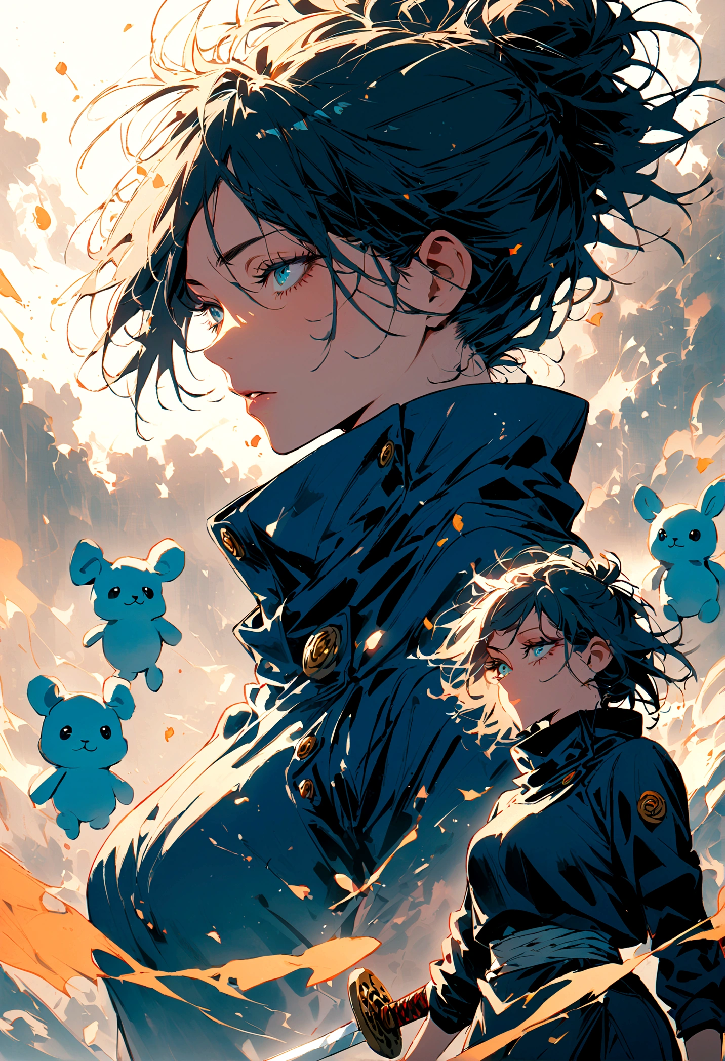 (2 girls,jujutsu kaisen),twins, stuff animals, one has a sword, artwork