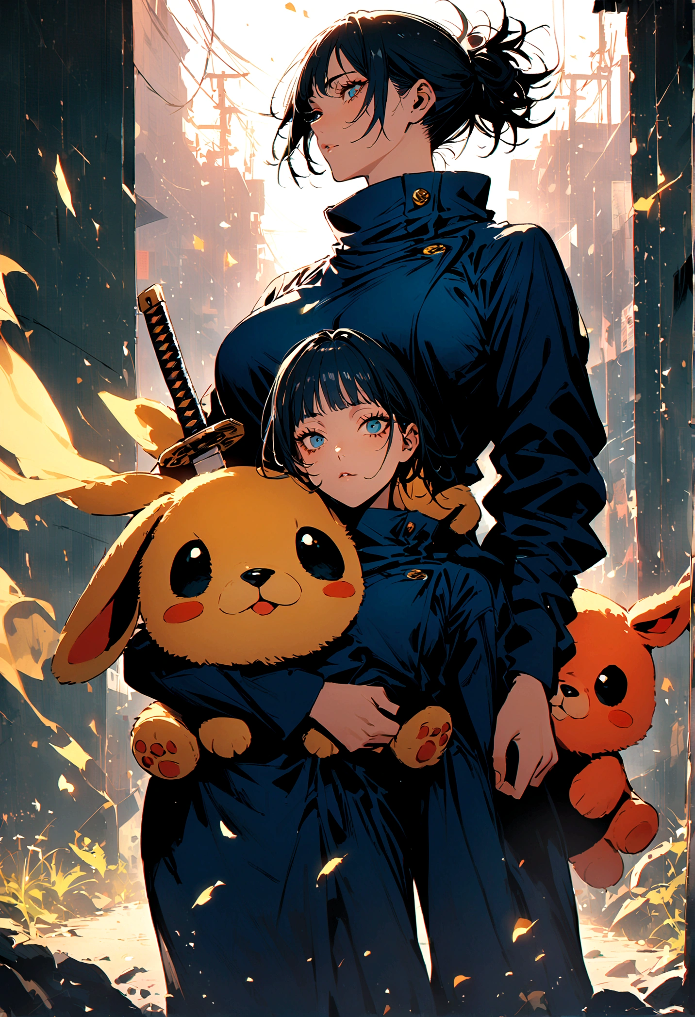 (2 girls,jujutsu kaisen),twins, stuff animals, one has a sword, artwork
