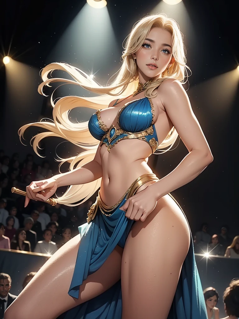 An incredibly beautiful young woman - blonde, blue eyes, long golden hair, long bangs, she is dressed in revealing burlesque clothes like Dita von Teese. Masterpiece, perfect image, realistic photos, full-length image, 8k, detailed image, extremely detailed illustration, a real masterpiece of the highest quality, with careful drawing. glow. She is on stage, her costume shimmers and reflects the spotlight, sexy, alluring, attractive.