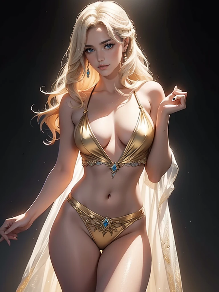 An incredibly beautiful young woman - blonde, blue eyes, long golden hair, long bangs, she is dressed in revealing burlesque clothes like Dita von Teese. Masterpiece, perfect image, realistic photos, full-length image, 8k, detailed image, extremely detailed illustration, a real masterpiece of the highest quality, with careful drawing. glow. She is on stage, her costume shimmers and reflects the spotlight, sexy, alluring, attractive.