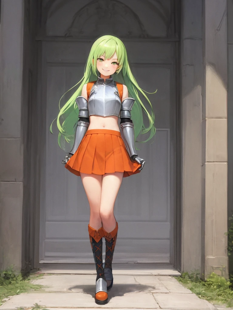 ((best quality)), ((masterpiece)), (detailed), palace, 1girl, 20 years old, full body portrait, very long green hair, beautiful green hair, smile, standing, archer, orange boots visible, orange shoes visible, orange shoes, orange tall boots, orange knee-high boots, orange knees, orange waist, orange abdomen, orange midriff, silver breastplate, silver armor shoulder guards, silver gauntlets, high-waisted short orange wrap skirt, small skirt
