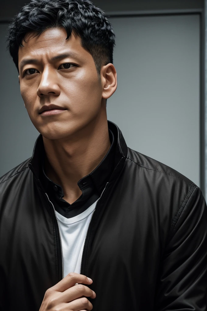 Therapy for jujutsu Kaisen, black hair back, Brown eyes, with black jacket with collar up