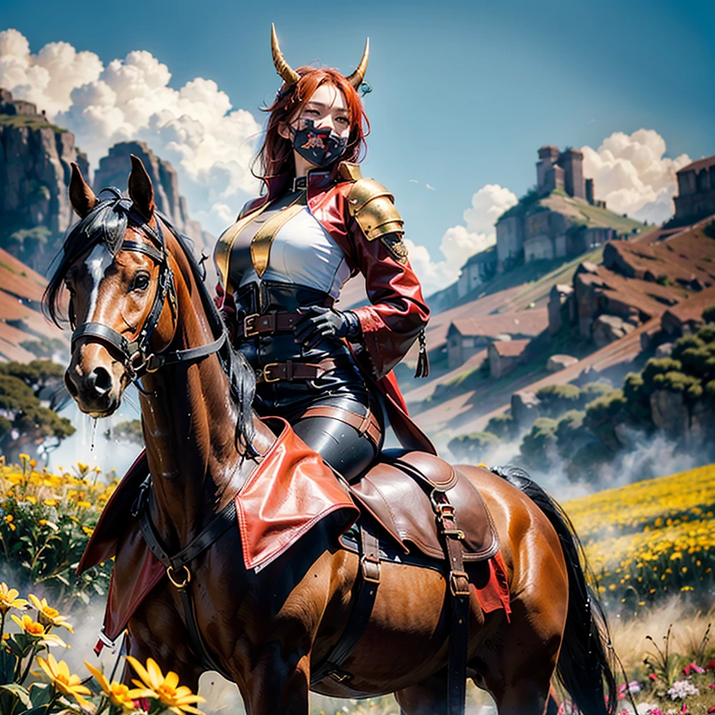a young Korean woman with golden eyes and lush red hair and large horns, wet bronze skin, a huge chest, a predatory grin, a smile, dressed in a red coat stained with blood and dirt with black fur and rolled up sleeves, heavy golden armor, a wide leather red belt with a large golden yarn, black leather pants, leather gloves, gallops on a horse loaded with bags across a flower meadow against the backdrop of high mountains and forests,