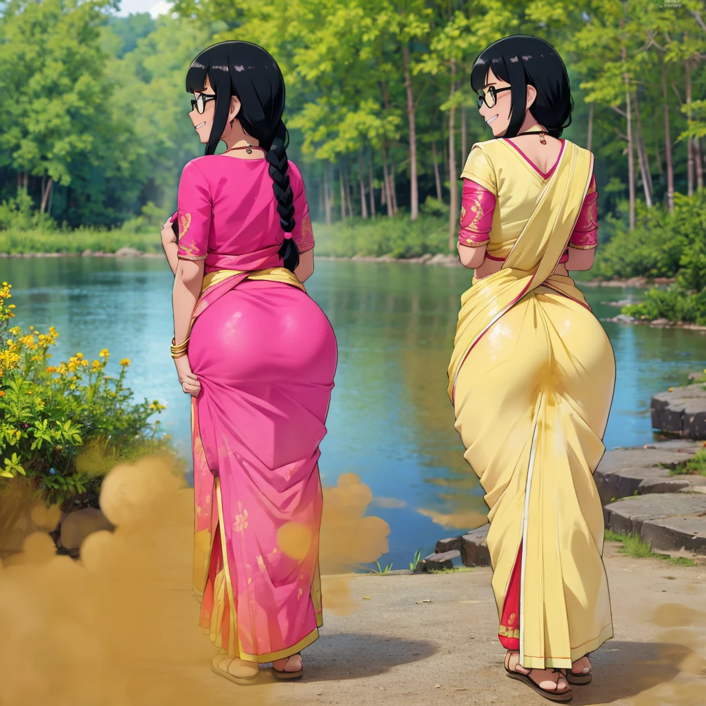 ultraHD, high resolution, 2 females, indian age girls, 2 girls alone by the river, black hair, hair tied in braids, hair bang, wearing glasses, skinny body, dark skin, relieved faces, smiling, clenching teeth, pink saree, bend over, bending over, 2 girls fart, girls fart, both farting, huge asses, letting out fart, massive fart, velocity, yellow smoke rising, viewing from behind, by the river, near a hut